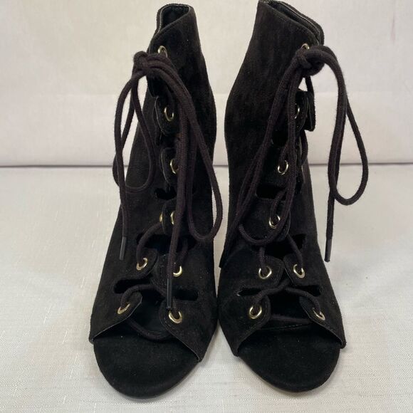 Black Faux Suede Lace Up Peep Toe Heels - Picture 2 of 4